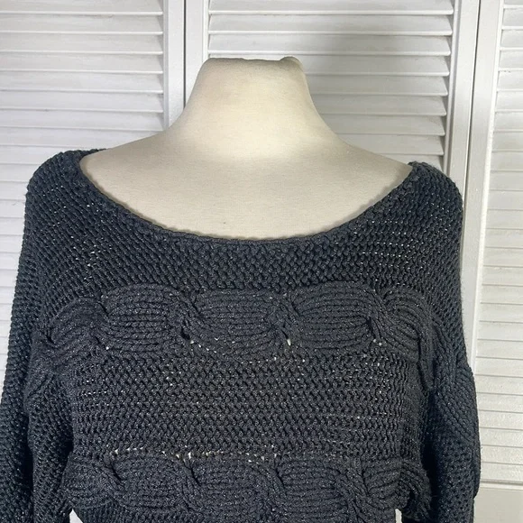 Bebe,Women's Cable-Knit Sweater color:Black, with lurex, size:M. Batwing sleeves - Picture 3 of 9